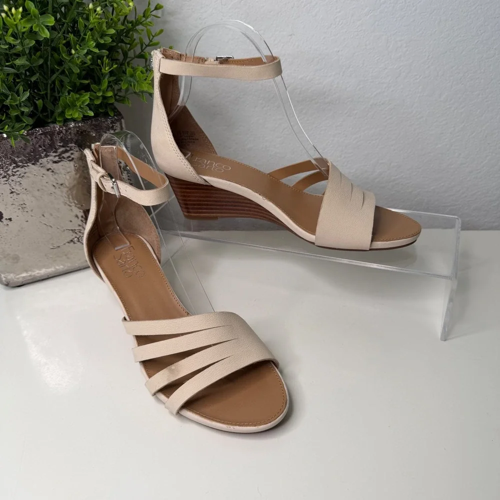 Franco Sarto Dutch Wedge Sandals Womens Cream Leather Strappy Minimalist 7.5M